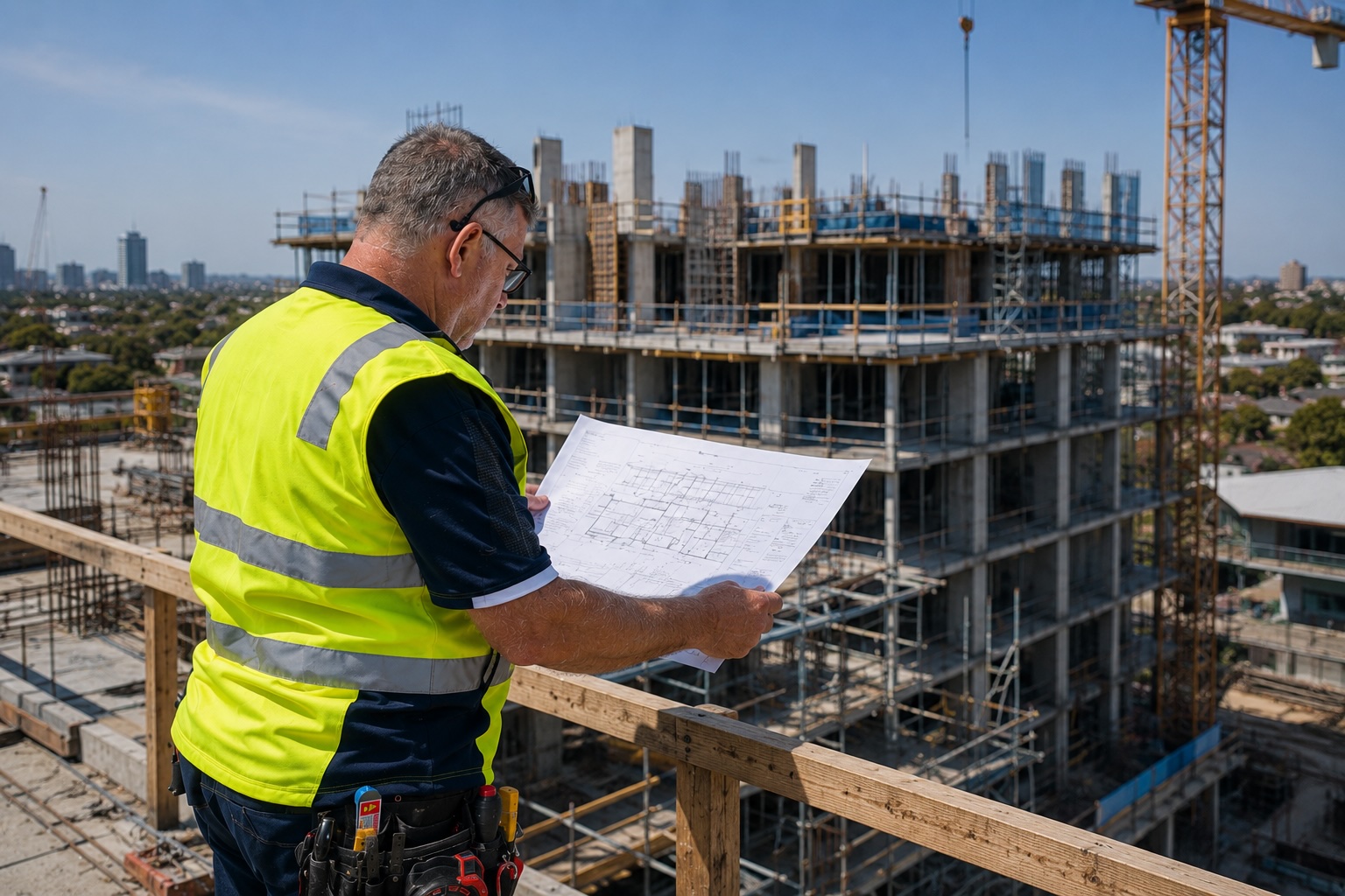 BuildNex WA reviewing construction drawings on site