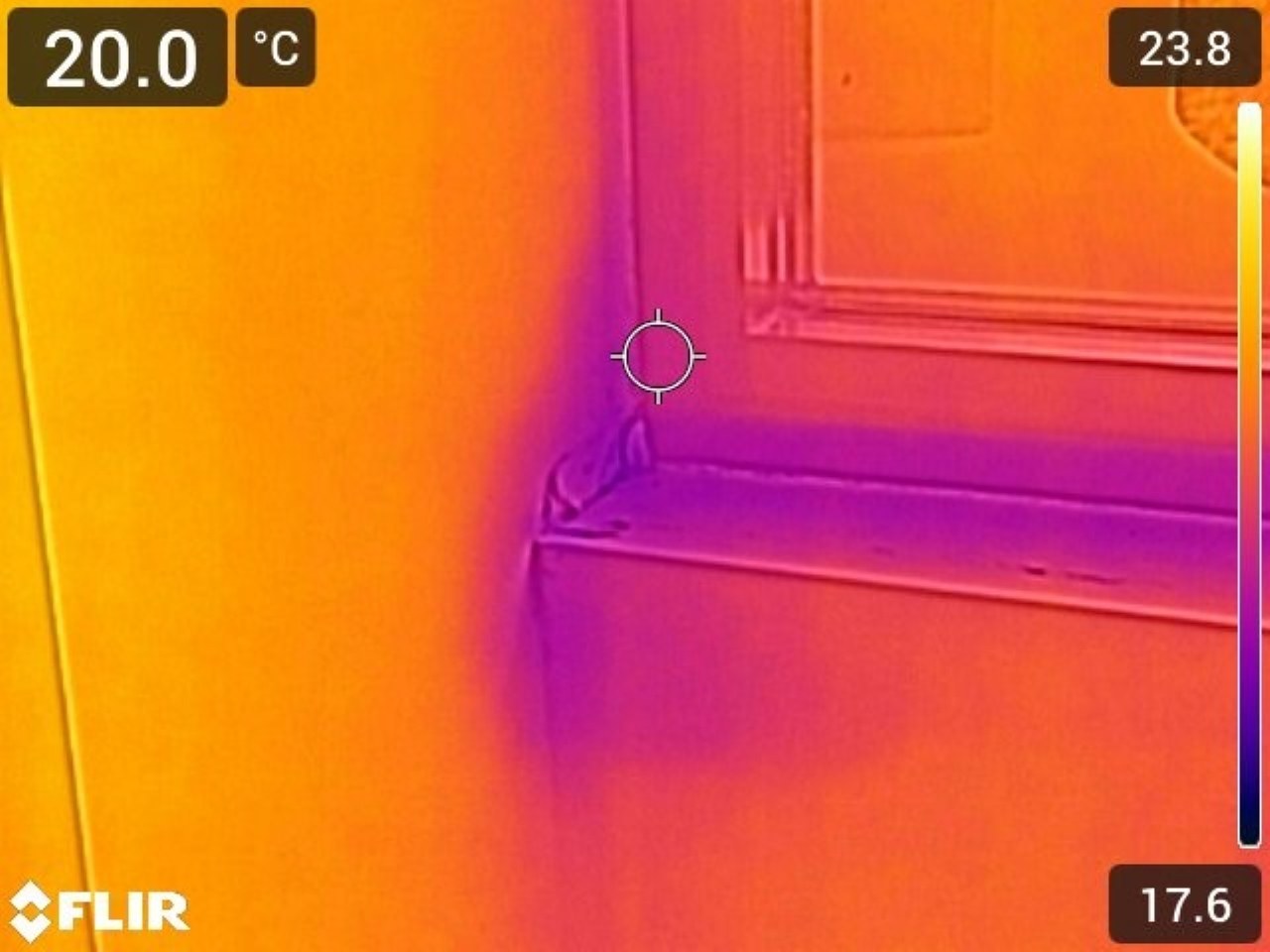 Thermal image showing moisture and temperature anomaly